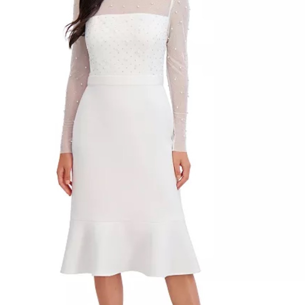 London Times White Sheer-Sleeve Embellished Midi Dress NWT